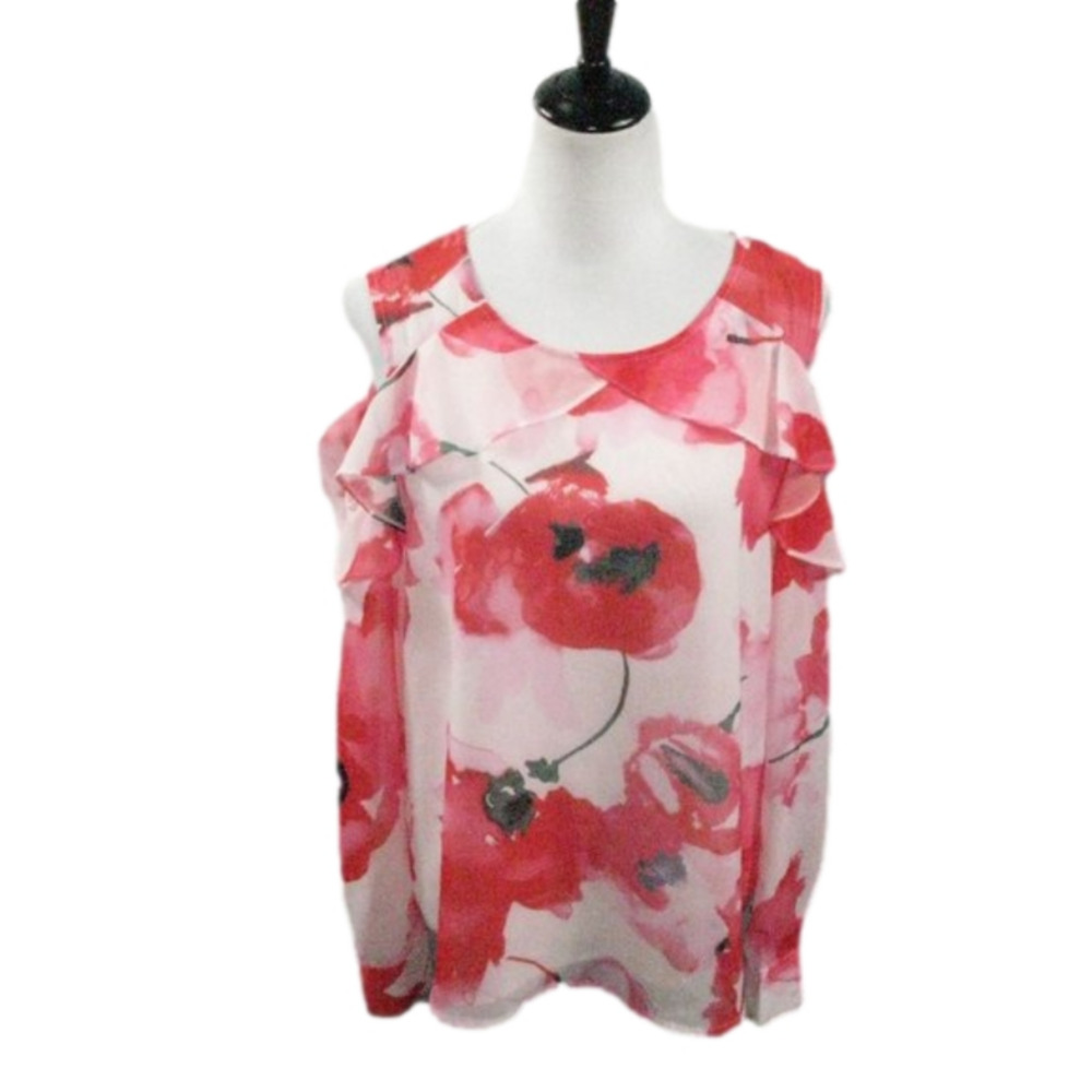 Jolibel Red/White Cold Shoulder Floral Blouse Size Large